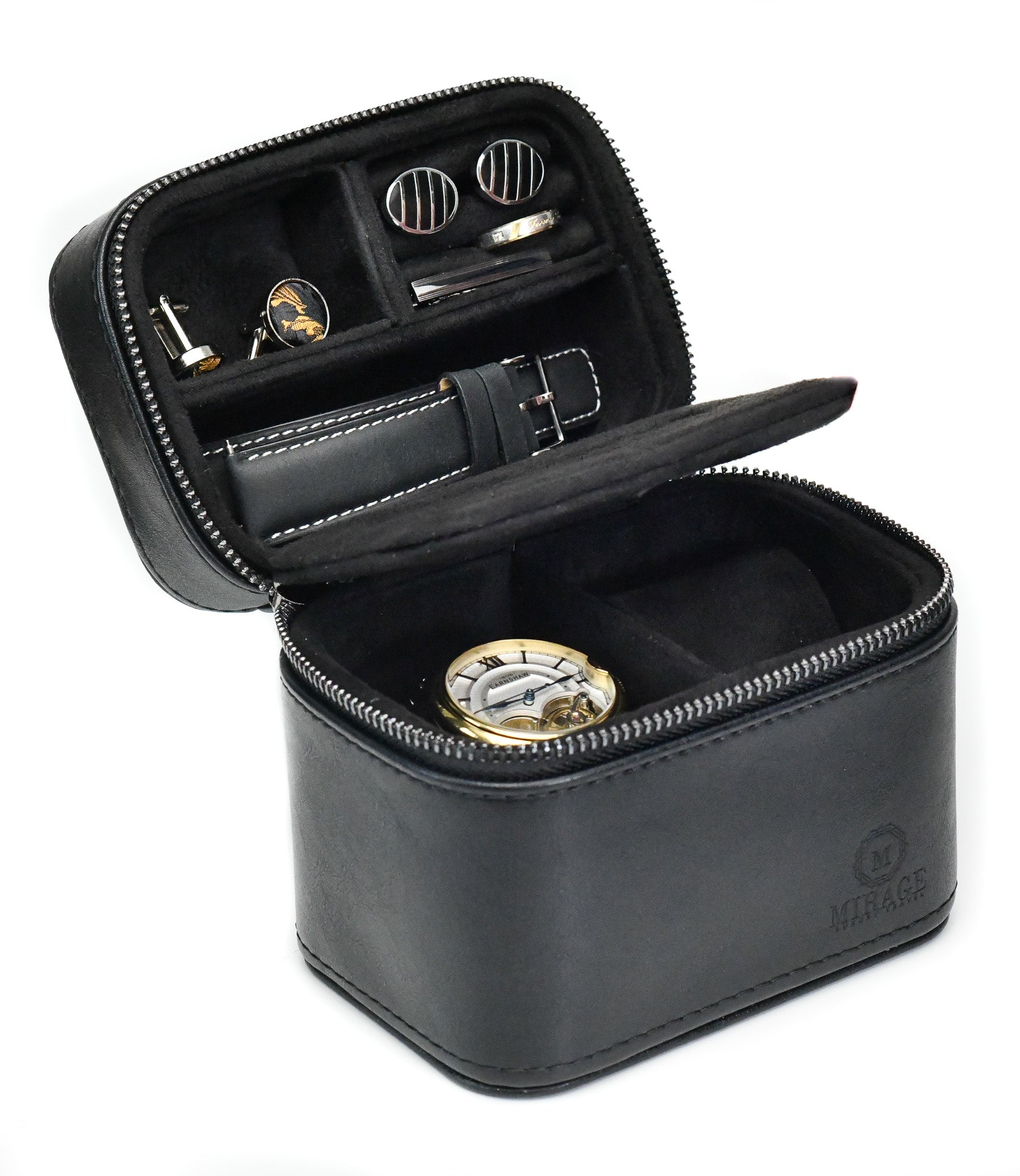 Obsedian Black Leather Watch & Jewelry Travel Case | Mirage Luxury