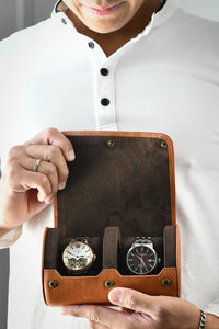 Tawny Brown Cow Leather Watch Roll - 2 Watches