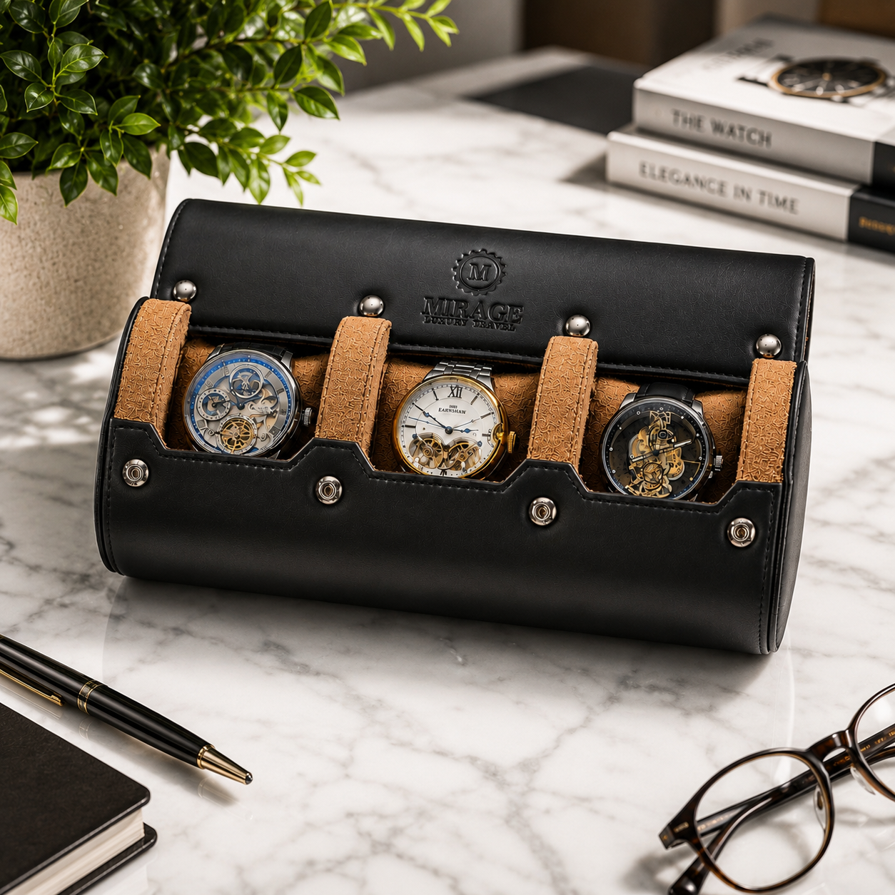 Professional holding the Mirage Luxury Travel full-grain cow leather watch roll, showcasing a luxury leather watch travel case for collectors and executive gifting.
