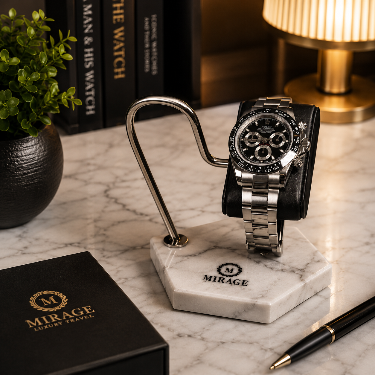 Mirage Luxury Travel luxury white marble watch stand featuring a premium marble base and cushioned watch holder, designed to elegantly display and protect luxury watches on a desk, dresser, or nightstand.