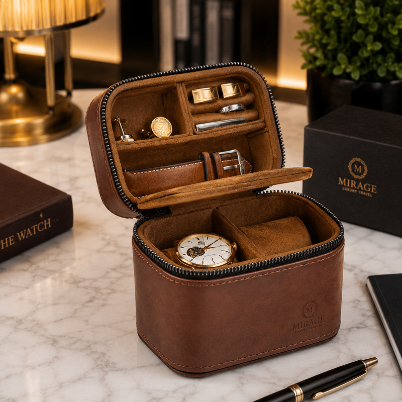 Professional using the Mirage Luxury Travel premium leather watch and jewelry travel case with a premium suede-lined interior, designed for luxury watches, jewelry organization, travel, and executive gifting.