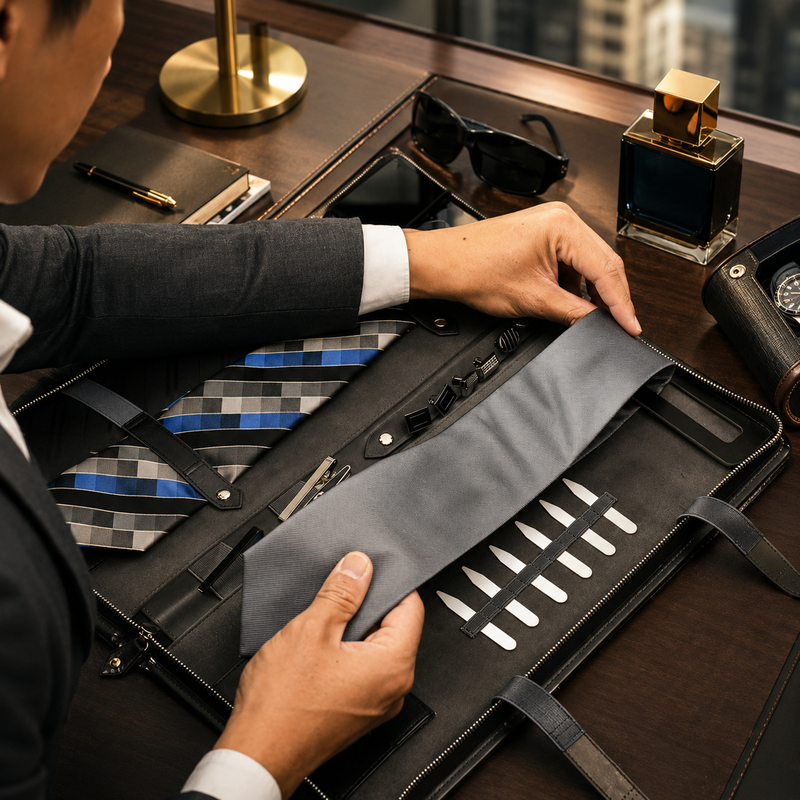 Professional holding the Mirage Luxury Travel vegan leather tie travel case with organized ties, cufflinks, collar stays, and formal accessories for business travel.