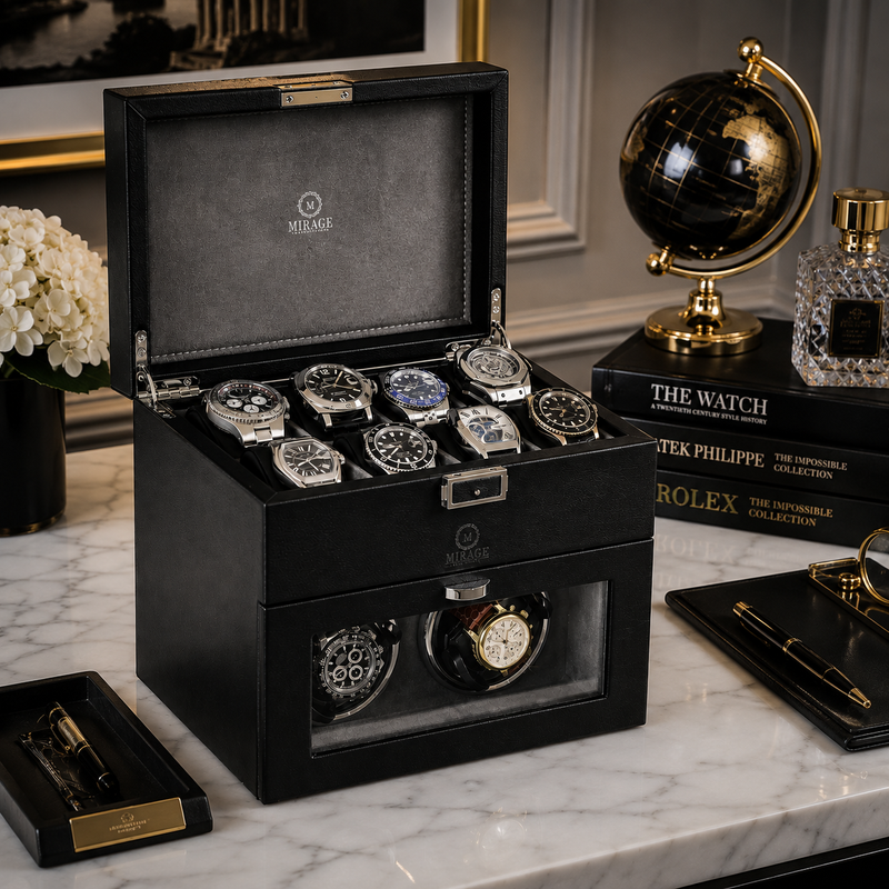 Mirage Luxury Travel luxury automatic watch winder with premium vegan leather exterior and premium suede-lined interior, designed for automatic watches, collectors, and executive gifting.