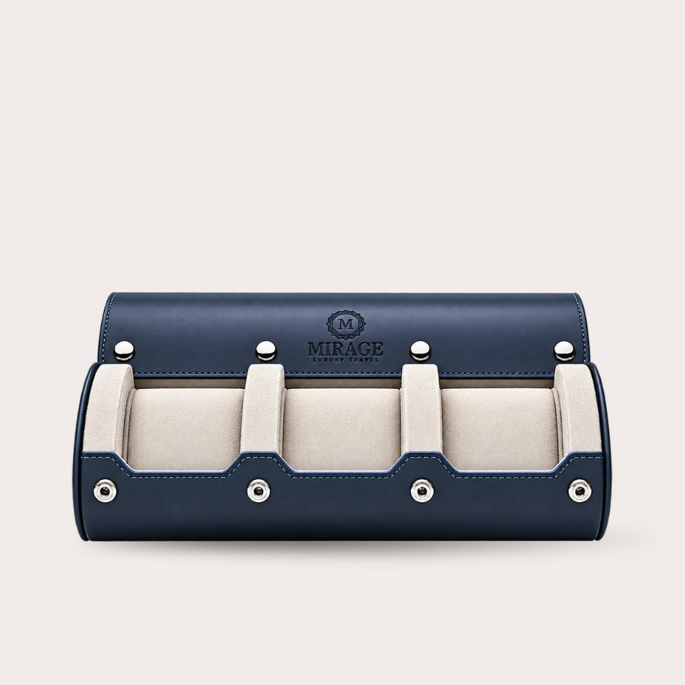 3 Watch Travel Case Vegan Leather Watch Roll (Midnight Blue - White Interior)