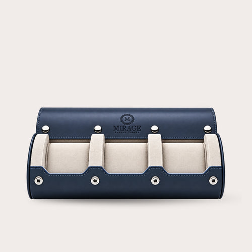 3 Watch Travel Case Vegan Leather Watch Roll (Midnight Blue - White Interior)