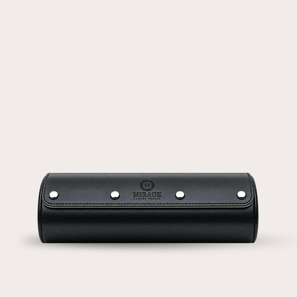3 Watch Travel Case Vegan Leather Watch Roll (Jade Black - White Interior)