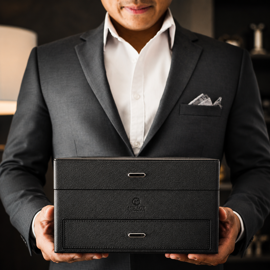 A man in a dark gray suit and white dress shirt holds a black textured leather drawer organizer box with two silver metal pulls. The box features a debossed logo for 'Mirage'.