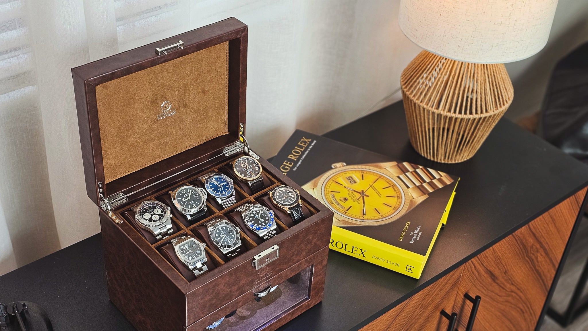 Load video: The Mirage Luxury Watch Winder Box and Full Grain Leather Watch Travel Roll