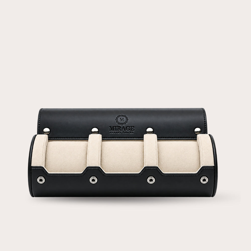 3 Watch Travel Case Vegan Leather Watch Roll (Jade Black - White Interior)