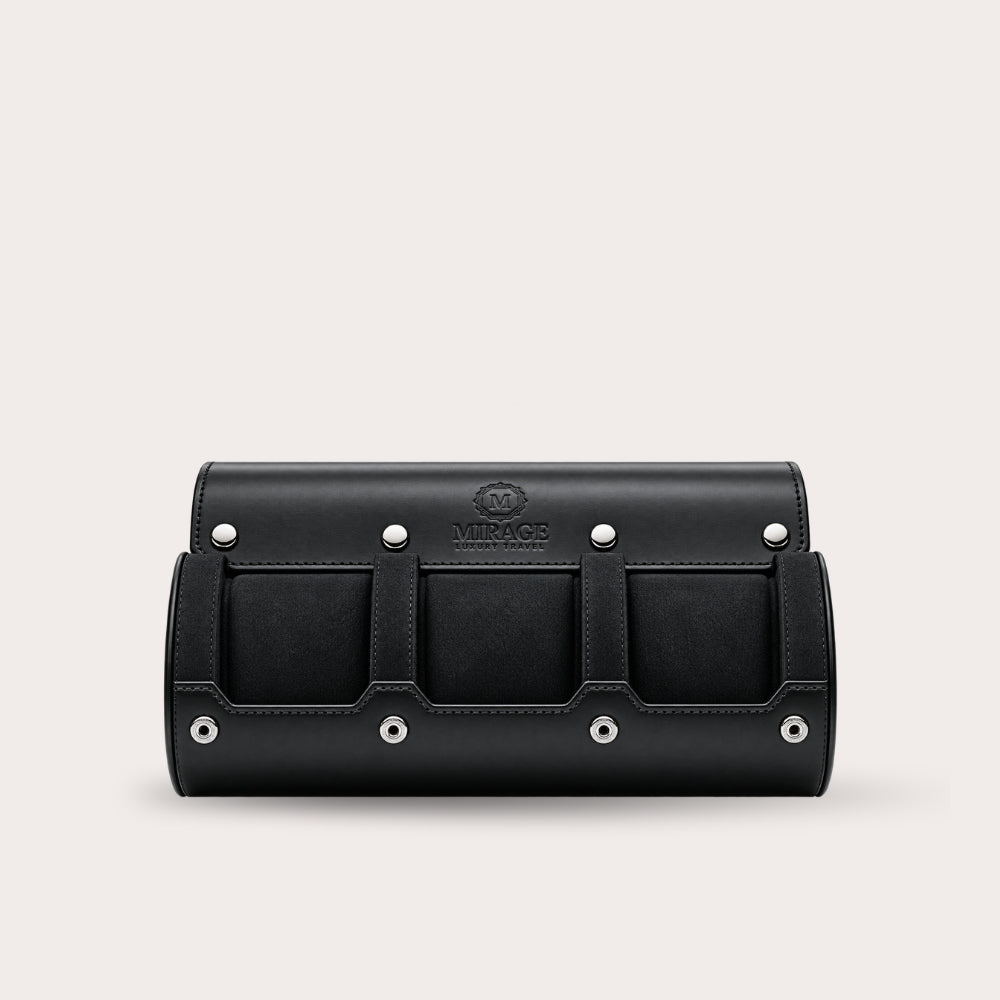 3 Watch Travel Case Vegan Leather Watch Roll (Super Black)
