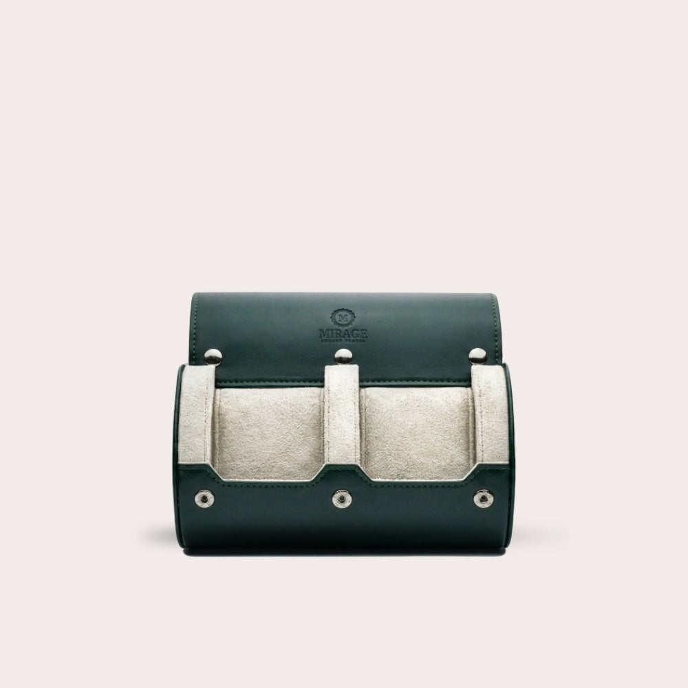 2 Watch Travel Case Vegan Leather Watch Roll (Royal Green - White Interior)