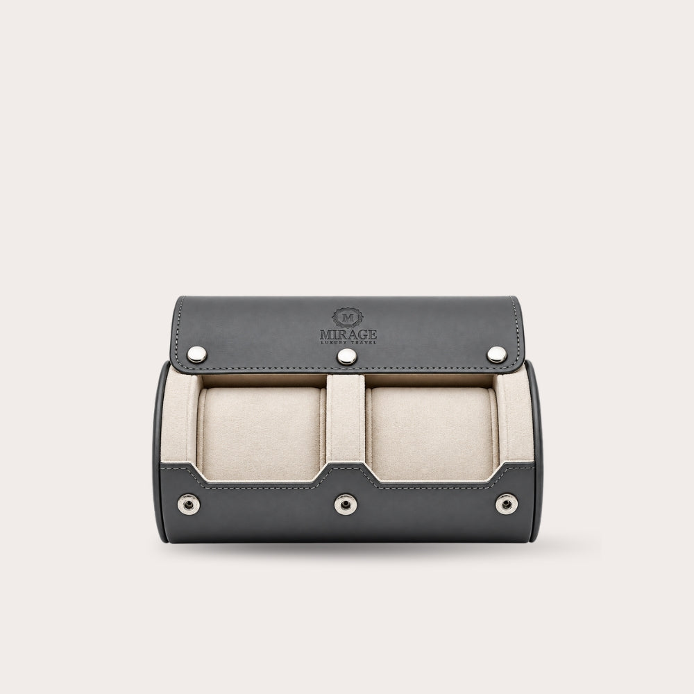 2 Watch Travel Case Vegan Leather Watch Roll (Slate Gray - White Interior)