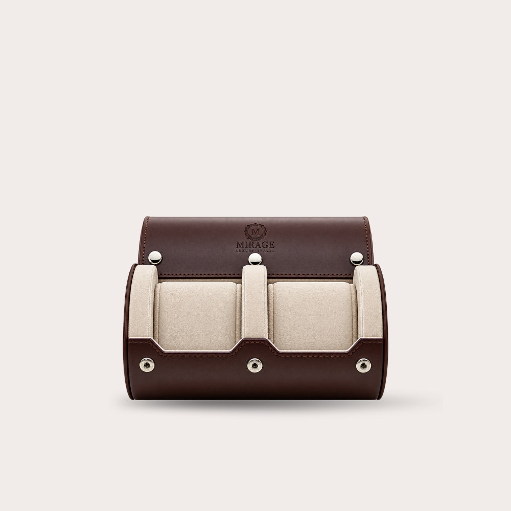 2 Watch Travel Case Vegan Leather Watch Roll (Espresso Brown - White Interior)