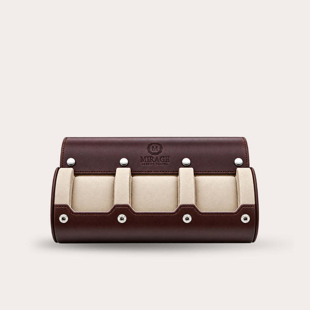3 Watch Travel Case Vegan Leather Watch Roll (Espresso Brown - White Interior)