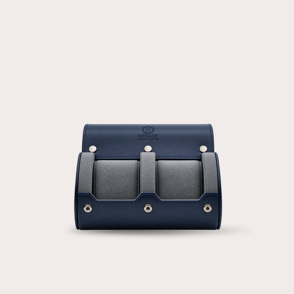 2 Watch Travel Case Vegan Leather Watch Roll (Midnight Blue)