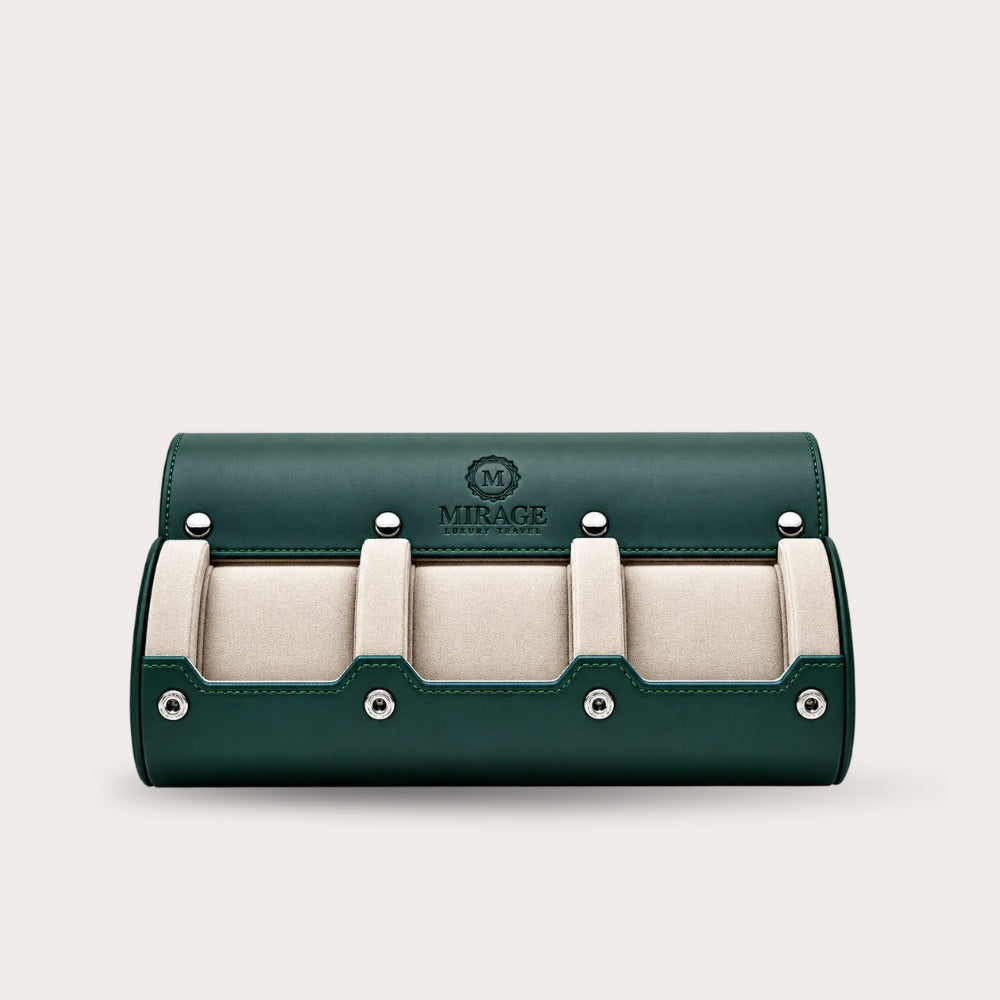 3 Watch Travel Case Vegan Leather Watch Roll (Royal Green - White Interior)