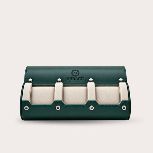 3 Watch Travel Case Vegan Leather Watch Roll (Royal Green - White Interior)