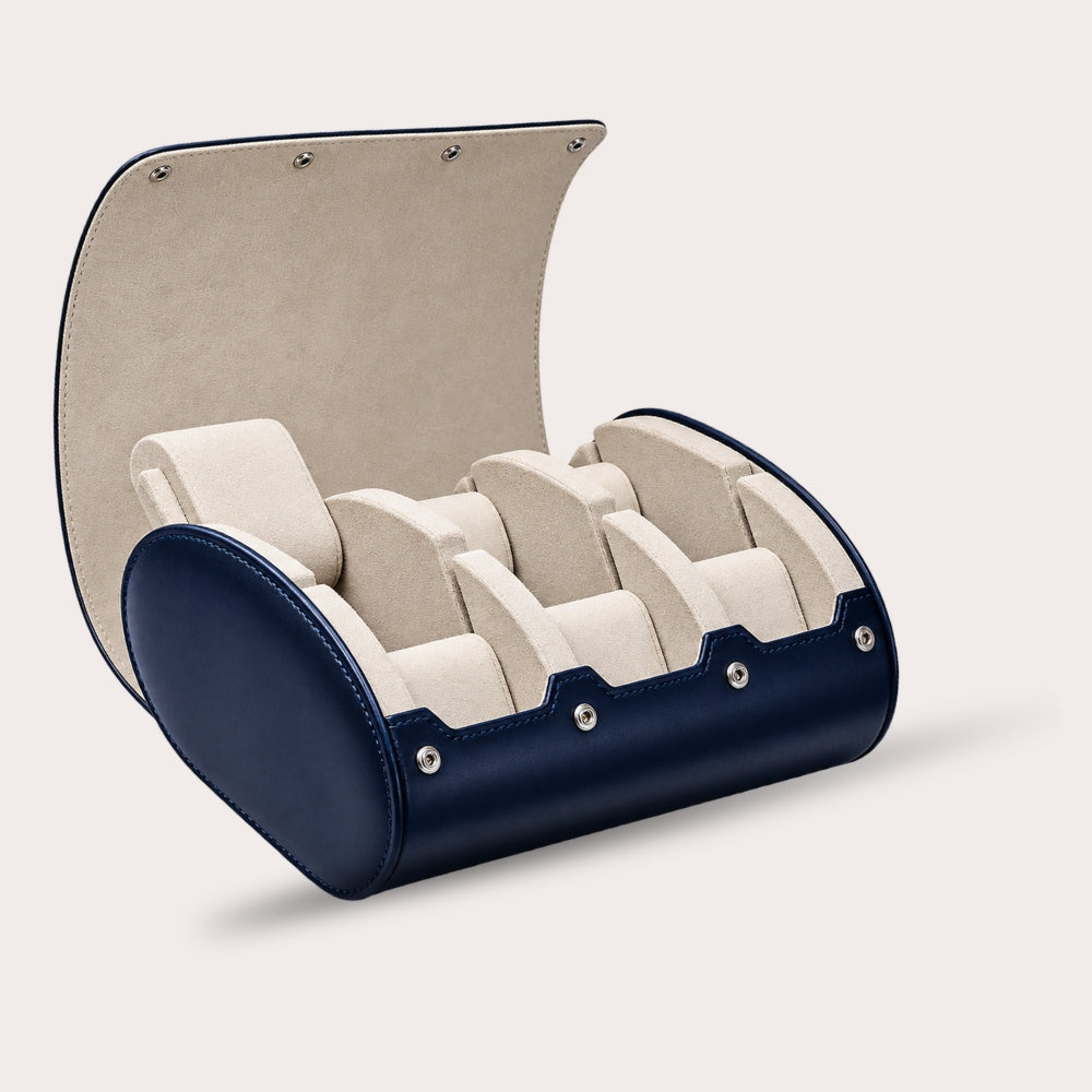 6 Watch Travel Case Vegan Leather Watch Roll (Midnight Blue - White Interior)