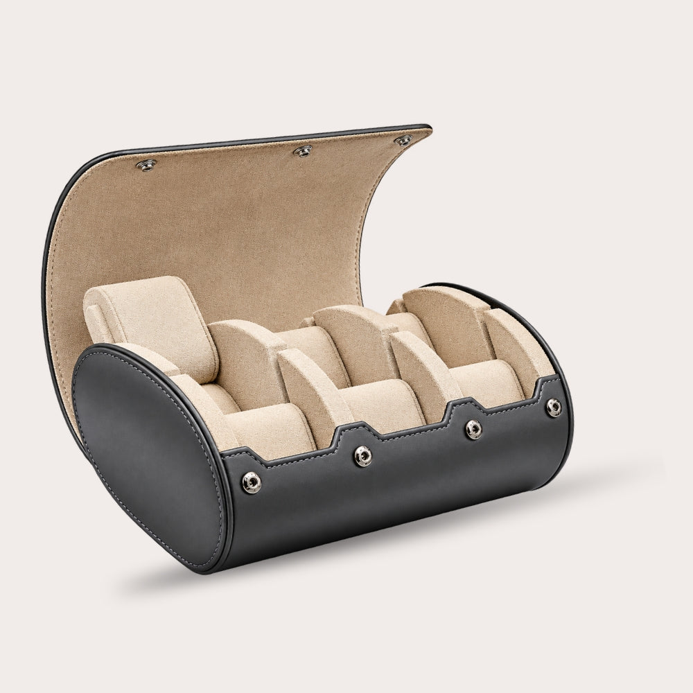 6 Watch Travel Case Vegan Leather Watch Roll (Slate Gray - White Interior)