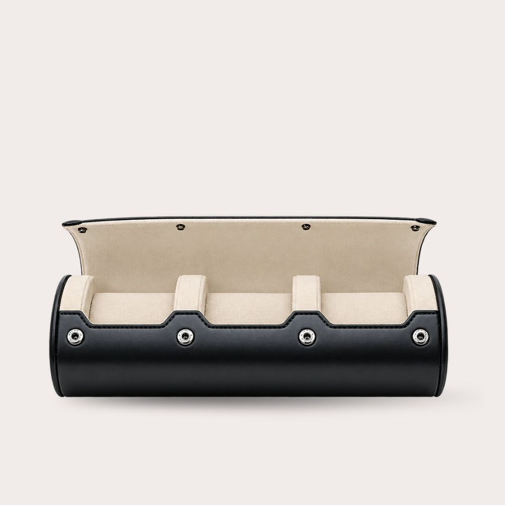 3 Watch Travel Case Vegan Leather Watch Roll (Jade Black - White Interior)