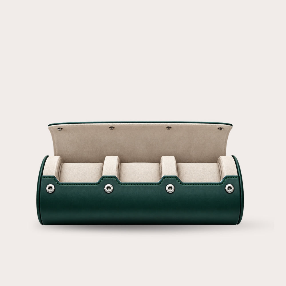 3 Watch Travel Case Vegan Leather Watch Roll (Royal Green - White Interior)