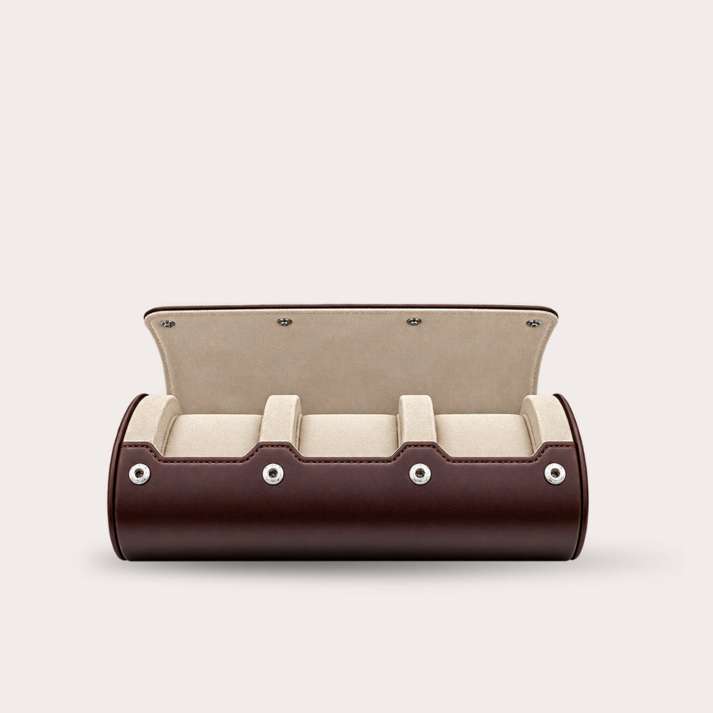 3 Watch Travel Case Vegan Leather Watch Roll (Espresso Brown - White Interior)