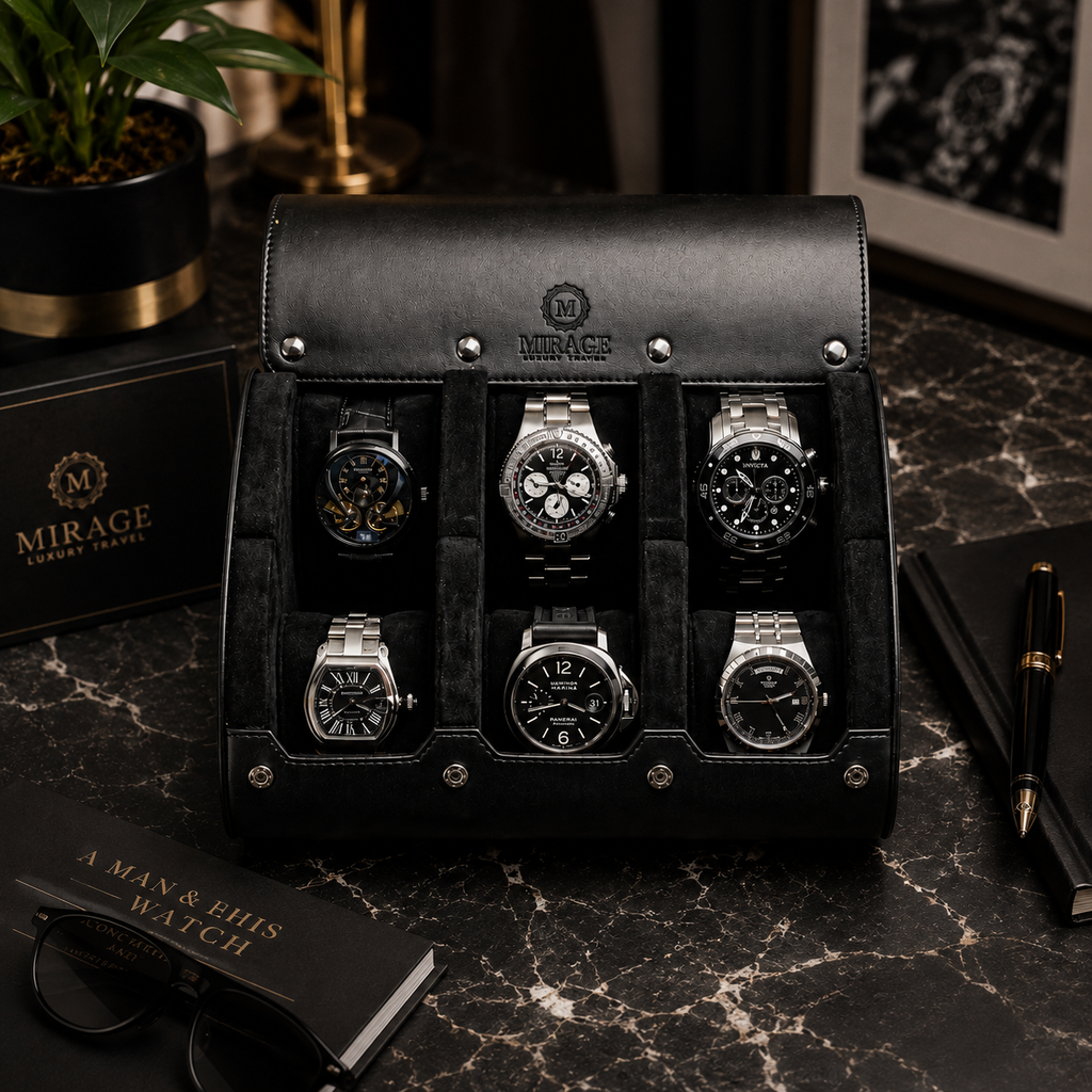 6 Watch Travel Case Vegan Leather Watch Roll (Super Black)