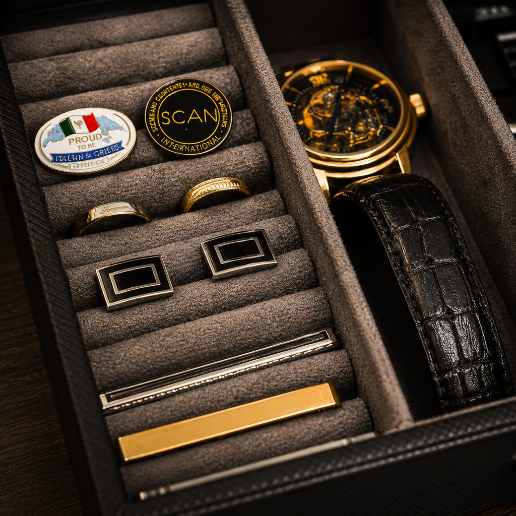 A luxury men's accessory set displayed inside a dark gray velvet watch box. The set includes a gold-tone watch with a black leather strap, a gold tie bar, a gold and silver cufflinks set, a gold ring, and two round lapel pins (one reading 'Pisa Cathedral' and one reading 'SCAN INTERNATIONAL').