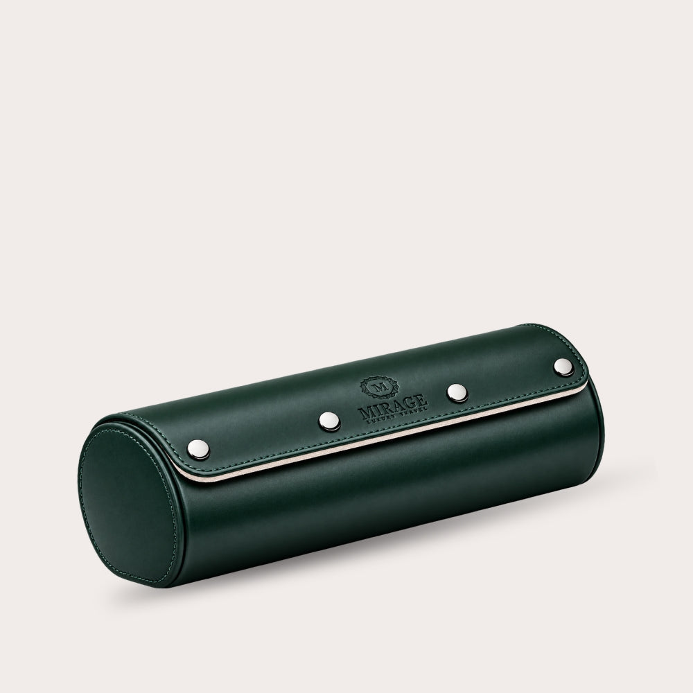 3 Watch Travel Case Vegan Leather Watch Roll (Royal Green - White Interior)