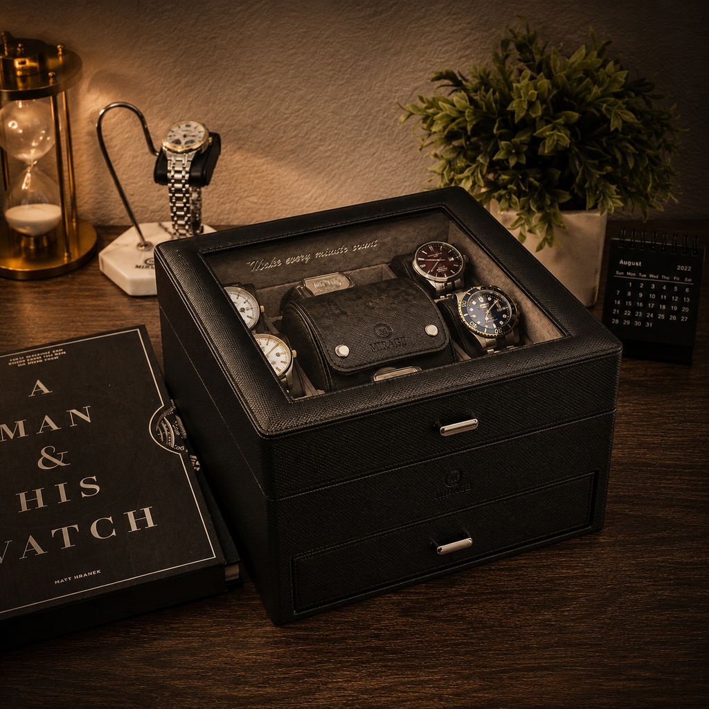 A black watch storage box with a glass top drawer, shown open on a wooden desk with several watches inside and a watch box cover beside it. The scene is warmly lit with a lamp, plant, and small calendar in the background.
