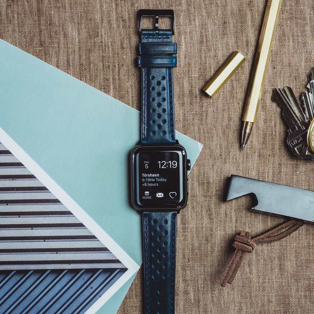 Apple Watch Navy Blue Racing Horween Leather Watch Band