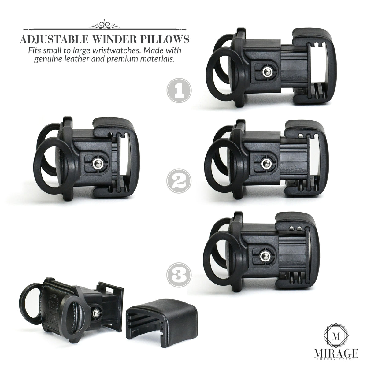 Illustration showing the adjustable watch winder pillow system for the Ebony Black premium vegan leather luxury watch winder, designed to fit multiple watch sizes and wrist sizes.
