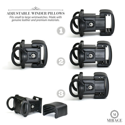 Illustration showing the adjustable watch winder pillow system for the Ebony Black premium vegan leather luxury watch winder, designed to fit multiple watch sizes and wrist sizes.
