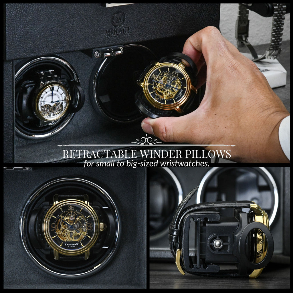Collector placing an automatic watch into the Ebony Black premium vegan leather luxury watch winder with adjustable winding pillow.
