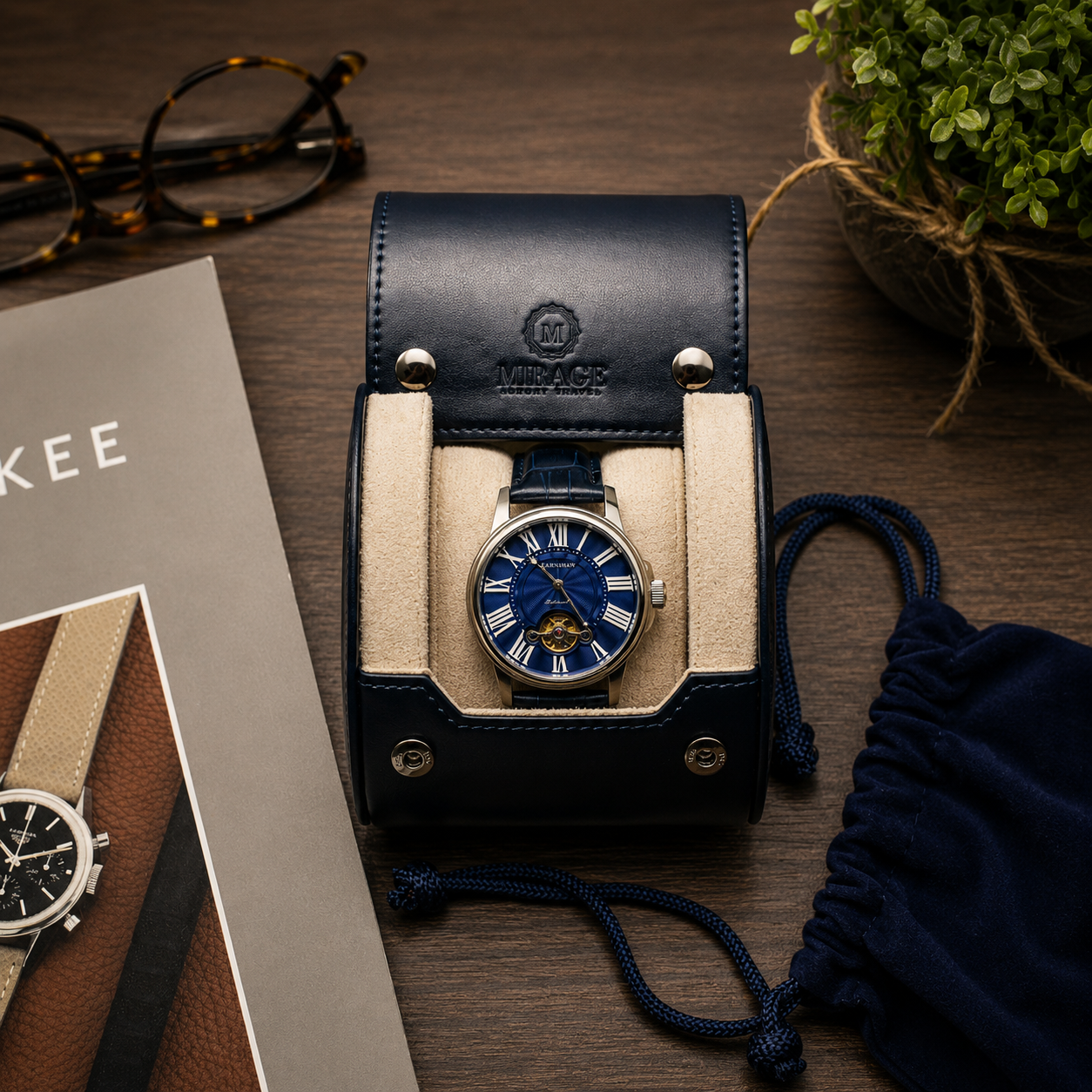 1 Watch Travel Case Vegan Leather Watch Roll (Midnight Blue - White Interior)