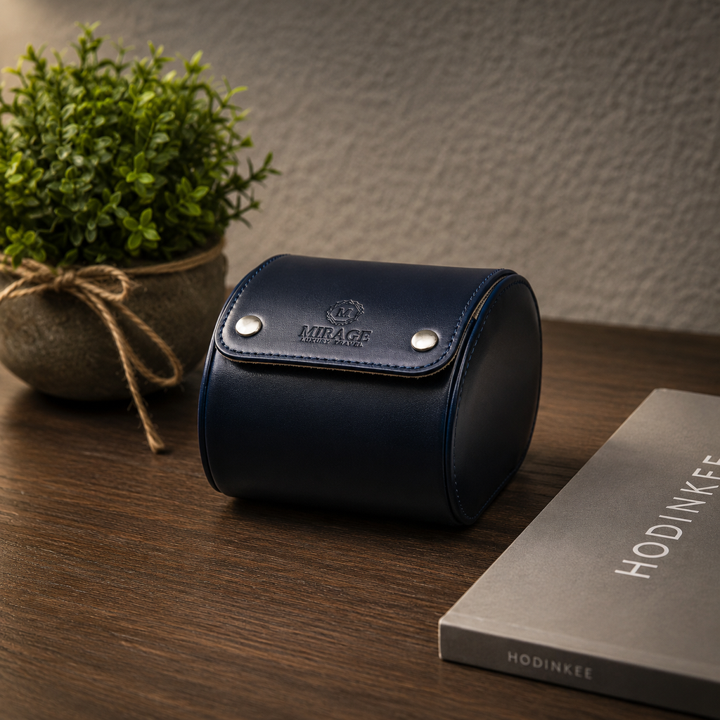 1 Watch Travel Case Vegan Leather Watch Roll (Midnight Blue - White Interior)