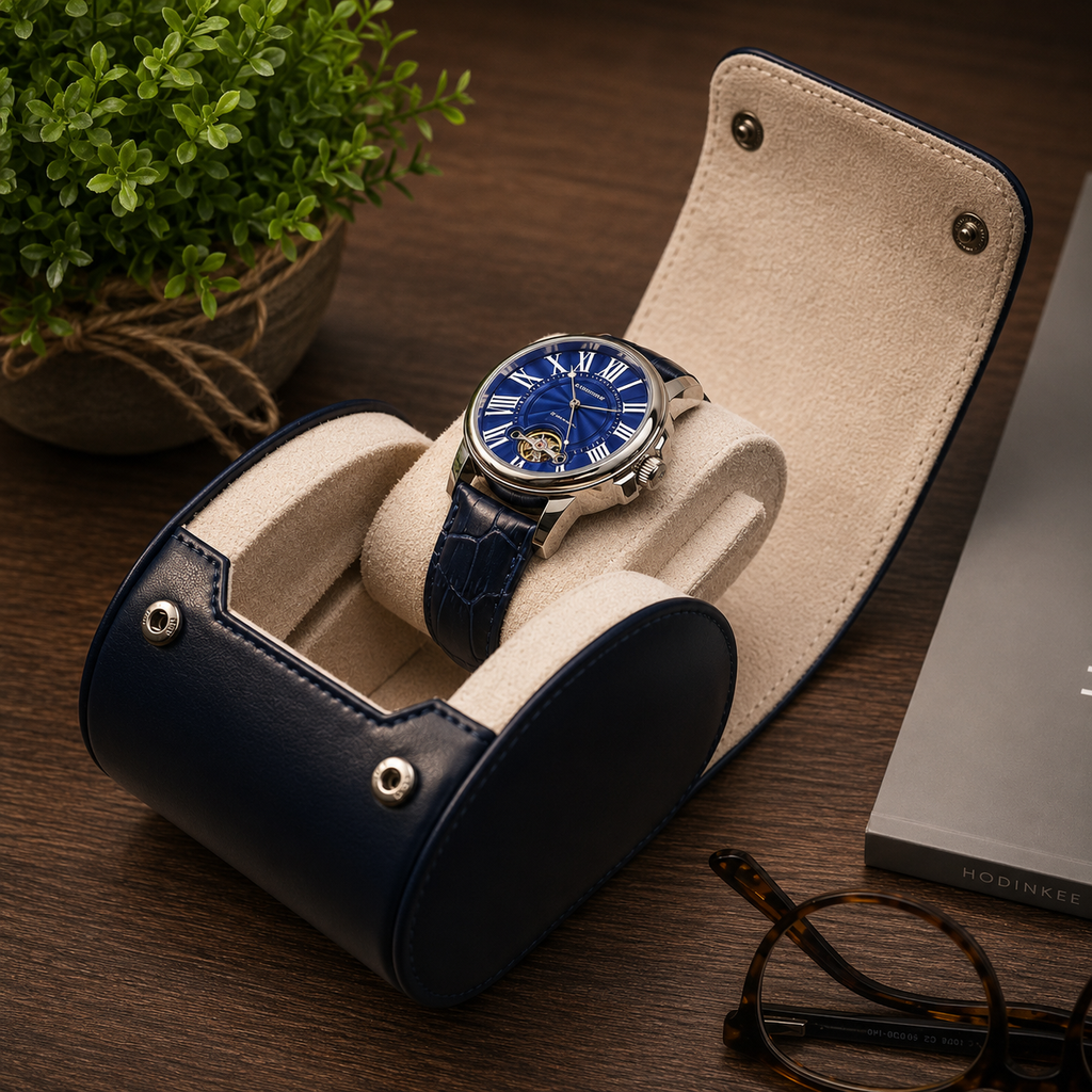 1 Watch Travel Case Vegan Leather Watch Roll (Midnight Blue - White Interior)