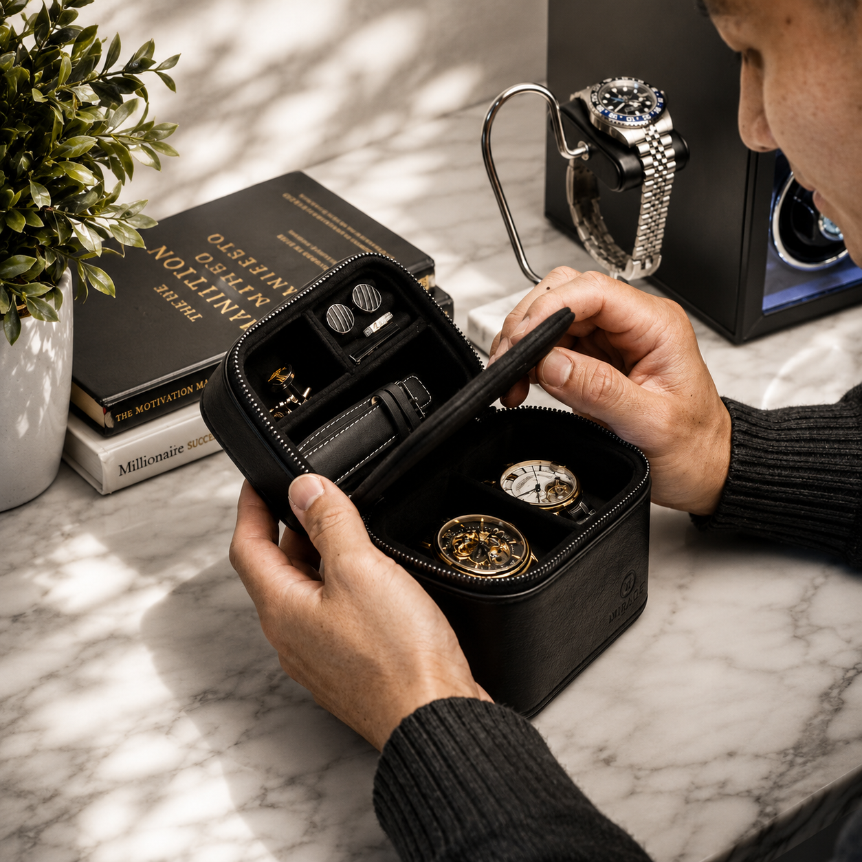 Watch and Jewelry Travel Case - Genuine Leather - Obsedian Black