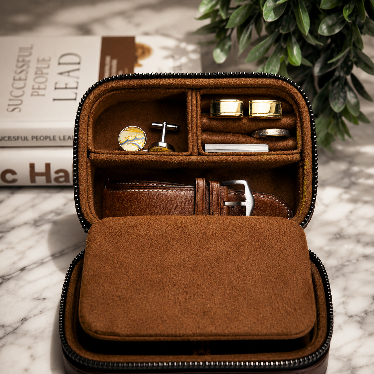 Watch and Jewelry Travel Case -  Coffee Brown Leather