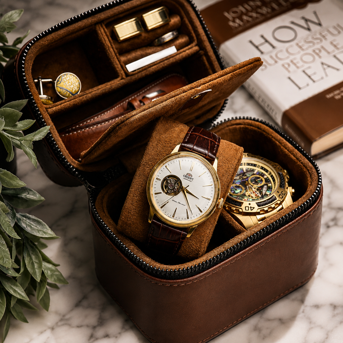 Watch and Jewelry Travel Case -  Coffee Brown Leather