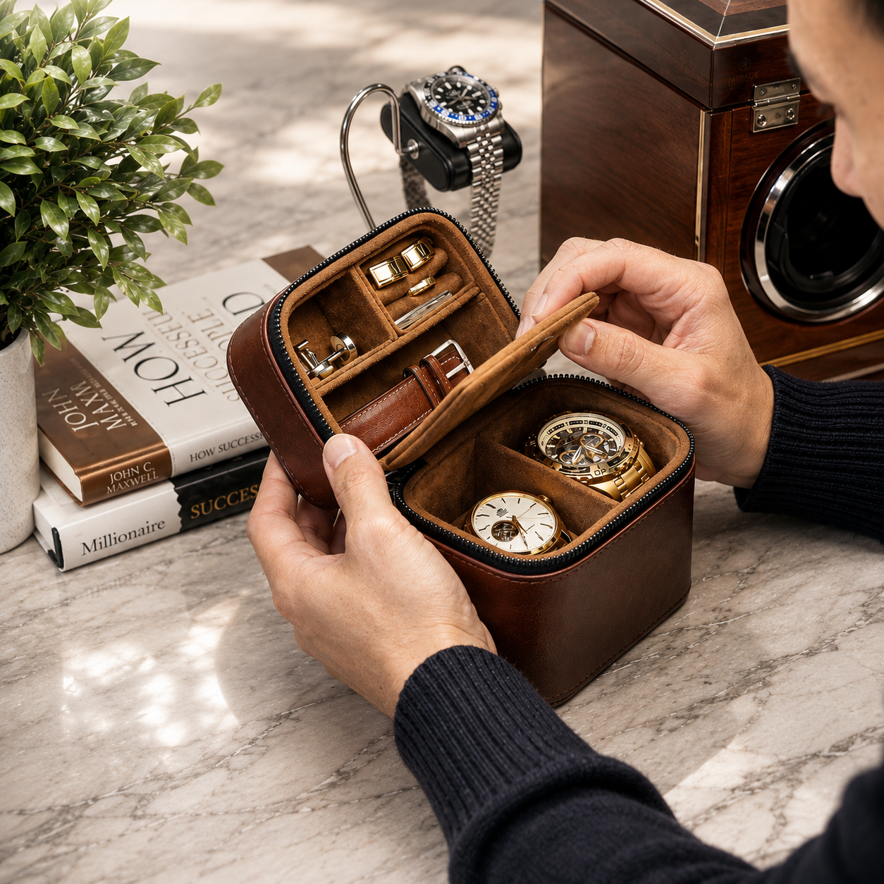 Watch and Jewelry Travel Case -  Coffee Brown Leather