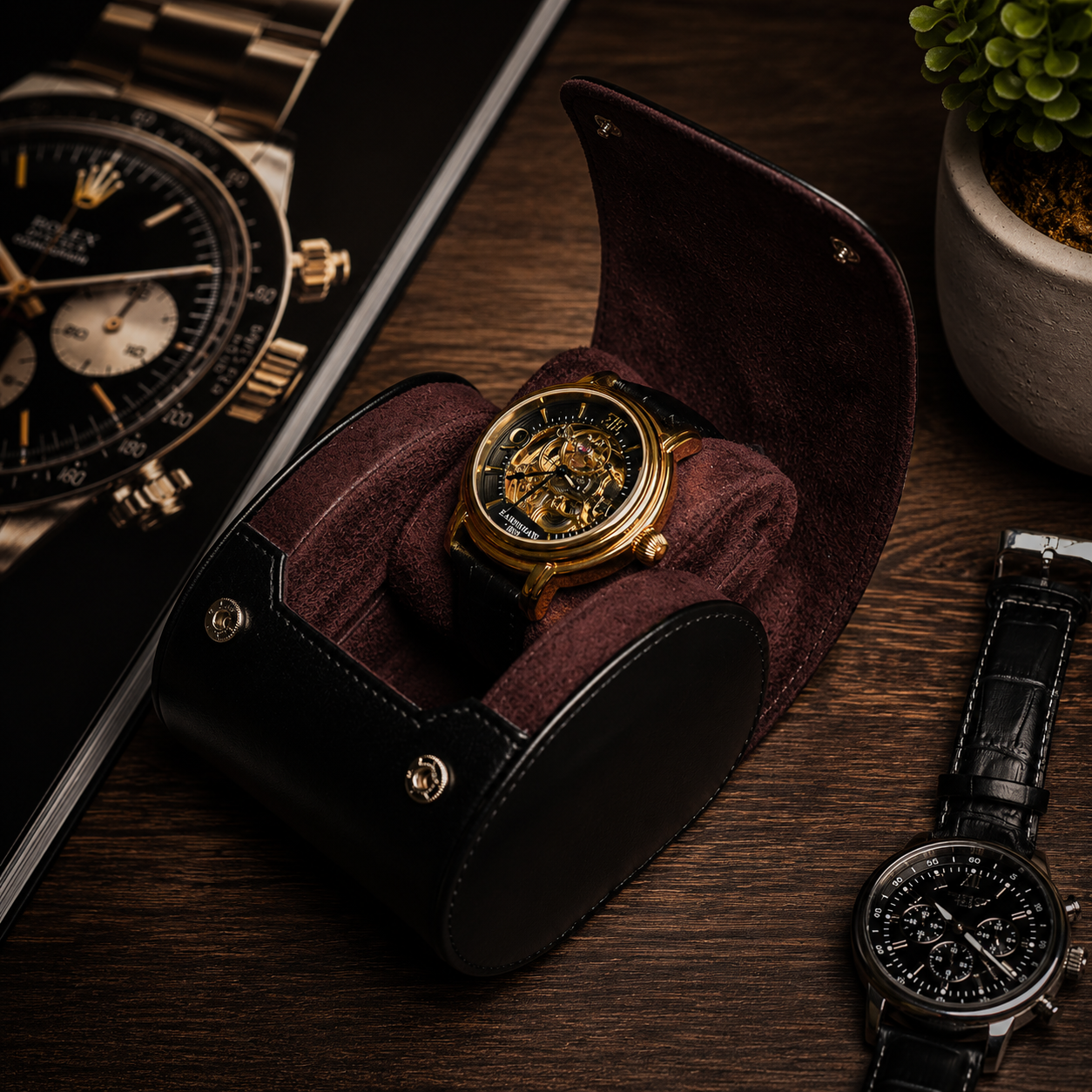 1 Watch Travel Case Vegan Leather Watch Roll (Jade Black)