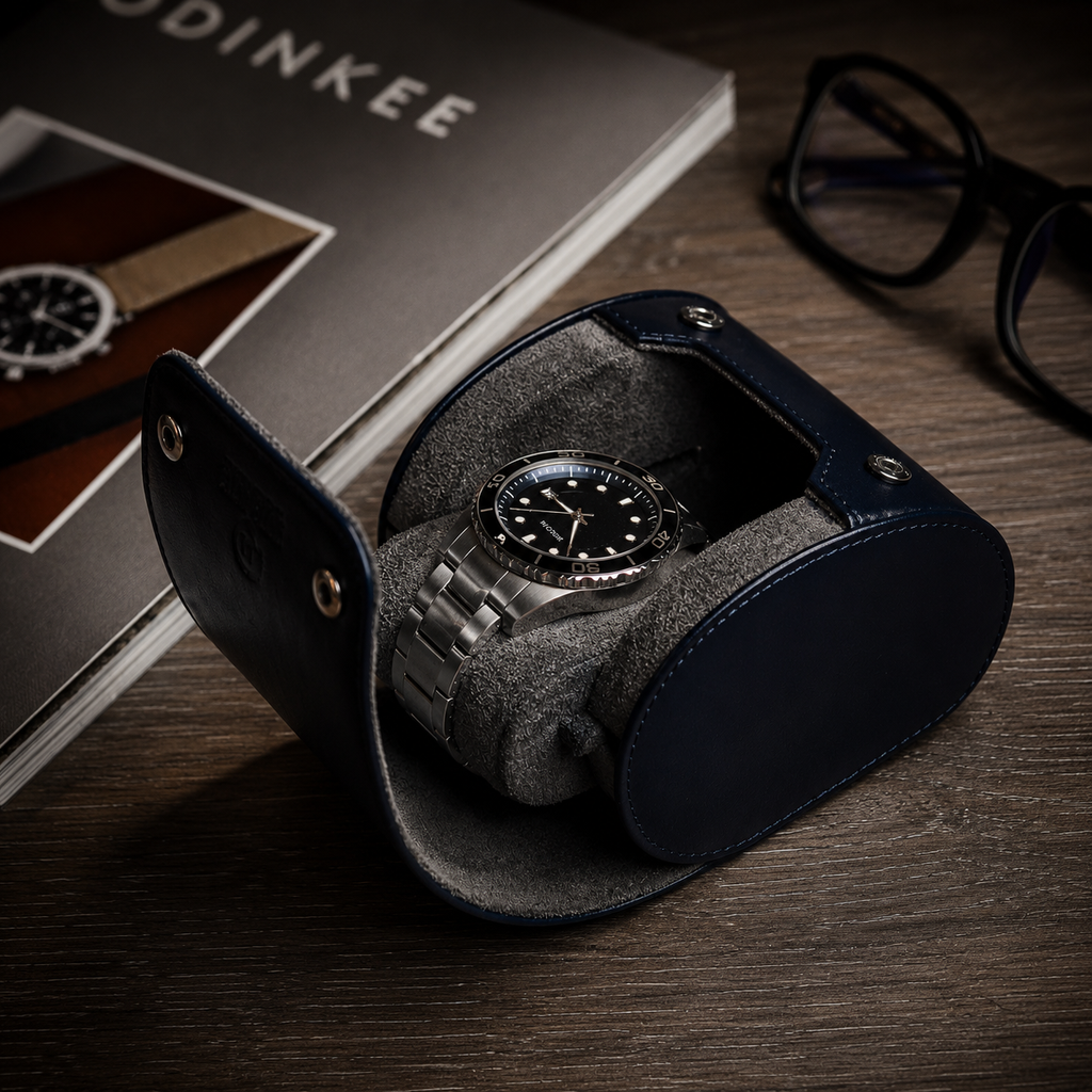 1 Watch Travel Case Vegan Leather Watch Roll (Midnight Blue)