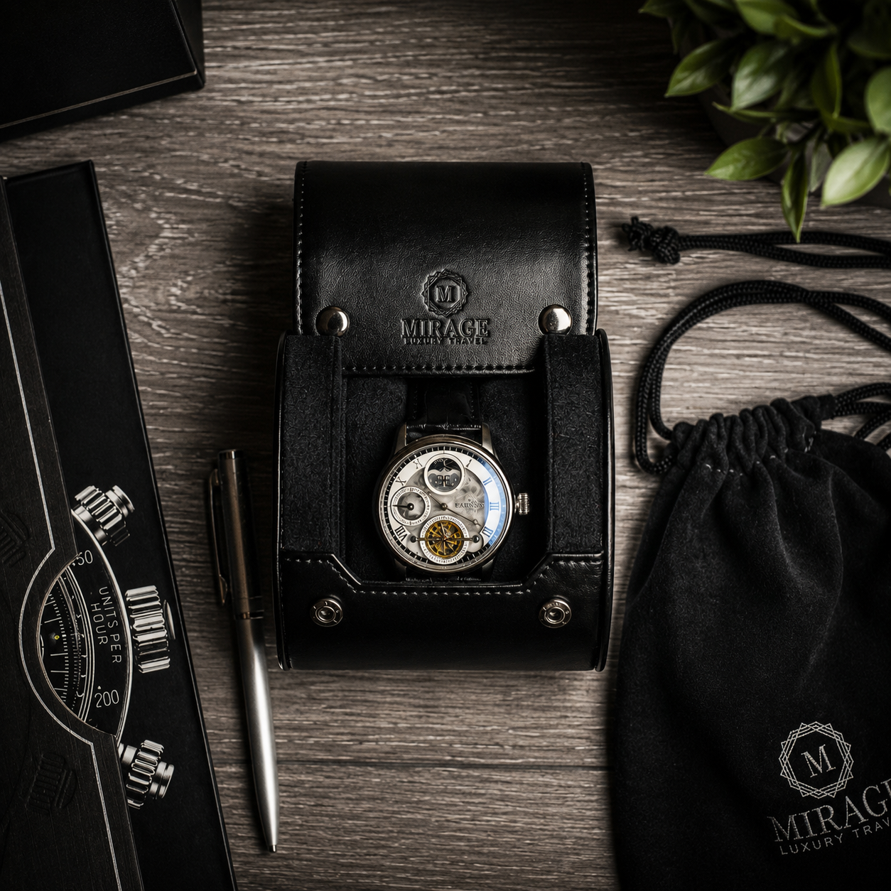 1 Watch Travel Case Vegan Leather Watch Roll (Super Black)
