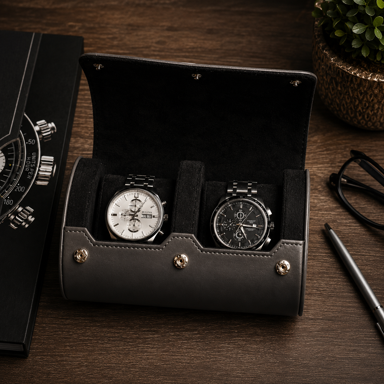 2 Watch Travel Case Vegan Leather Watch Roll (Slate Gray)