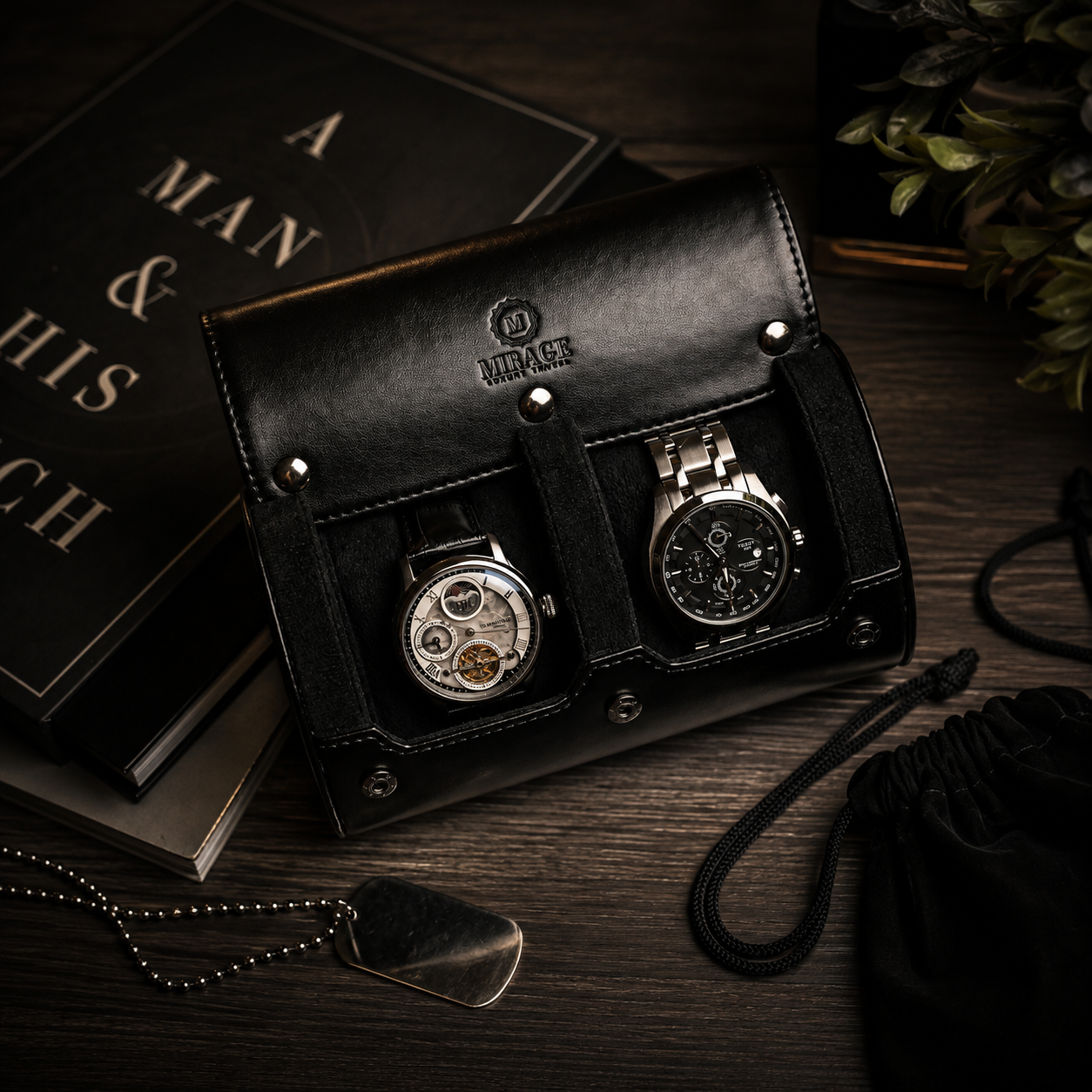 2 Watch Travel Case Vegan Leather Watch Roll (Super Black)