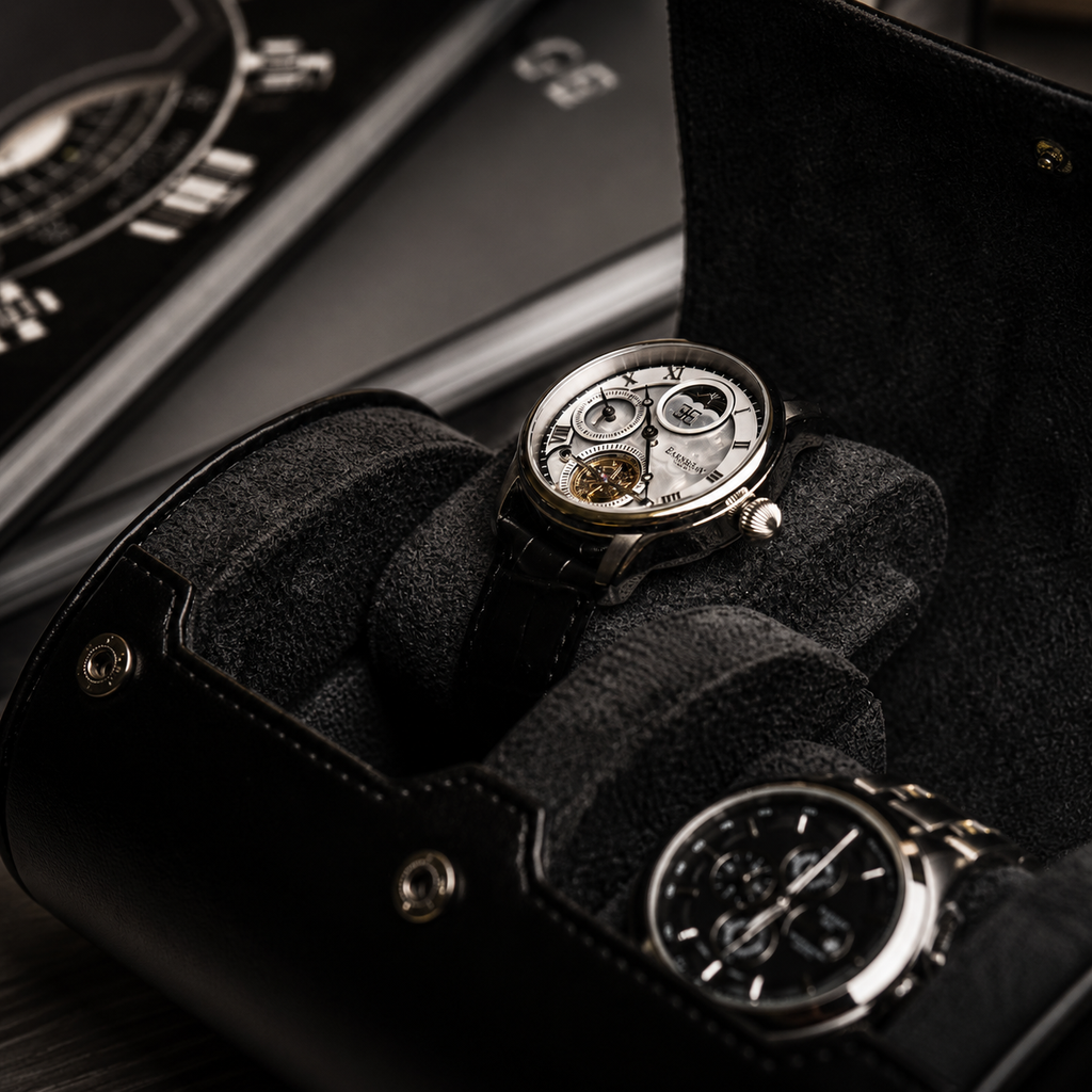 2 Watch Travel Case Vegan Leather Watch Roll (Super Black)