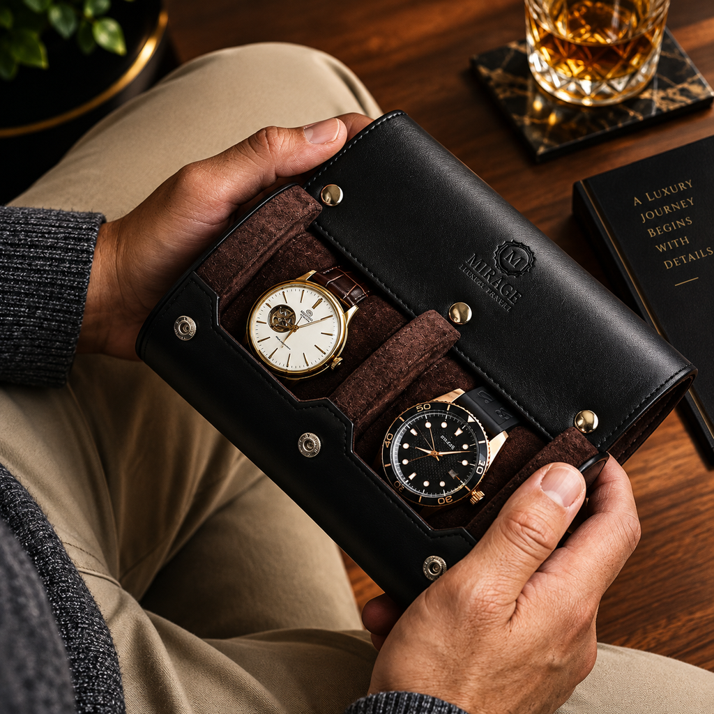 2 Watch Travel Case Vegan Leather Watch Roll (Jade Black)