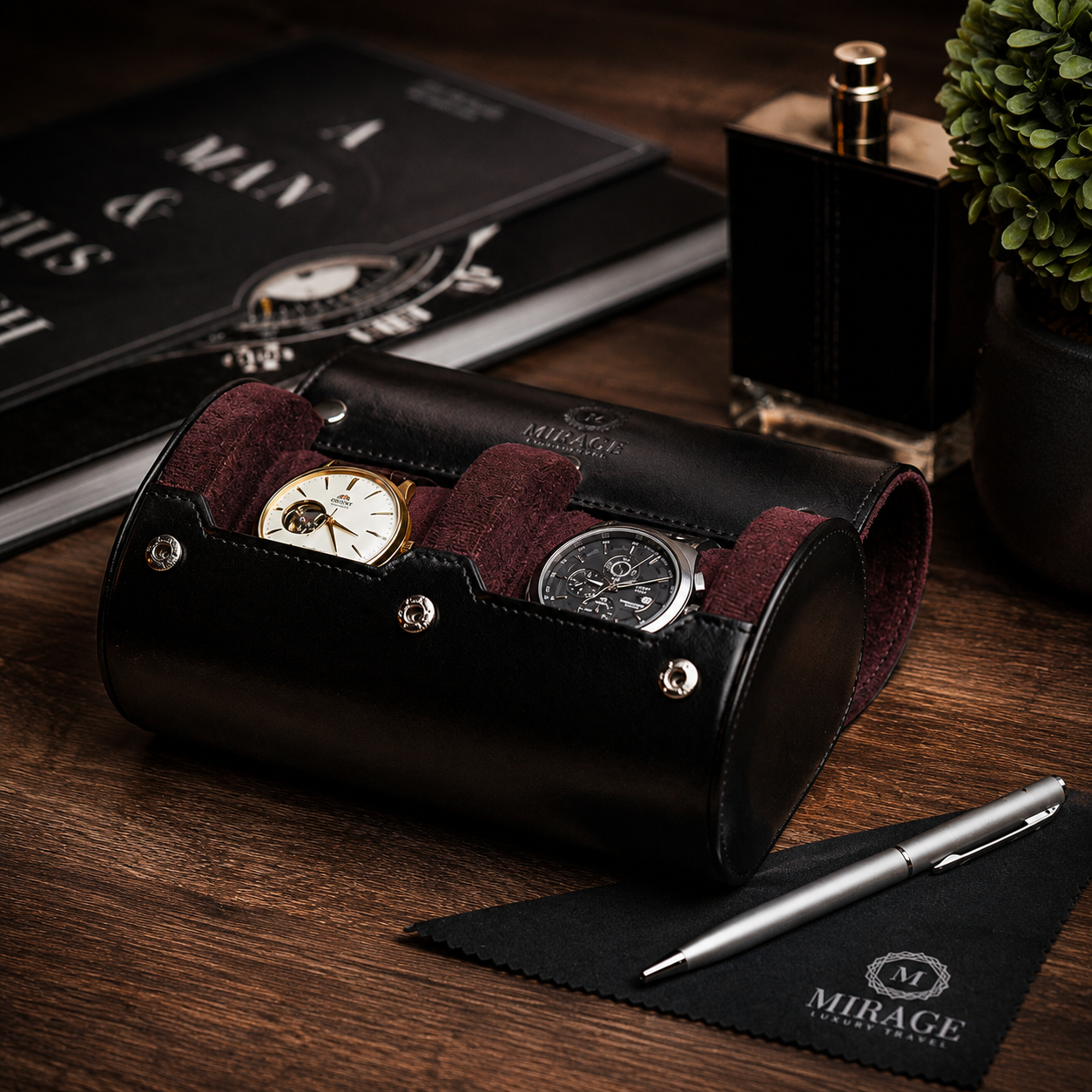 2 Watch Travel Case Vegan Leather Watch Roll (Jade Black)