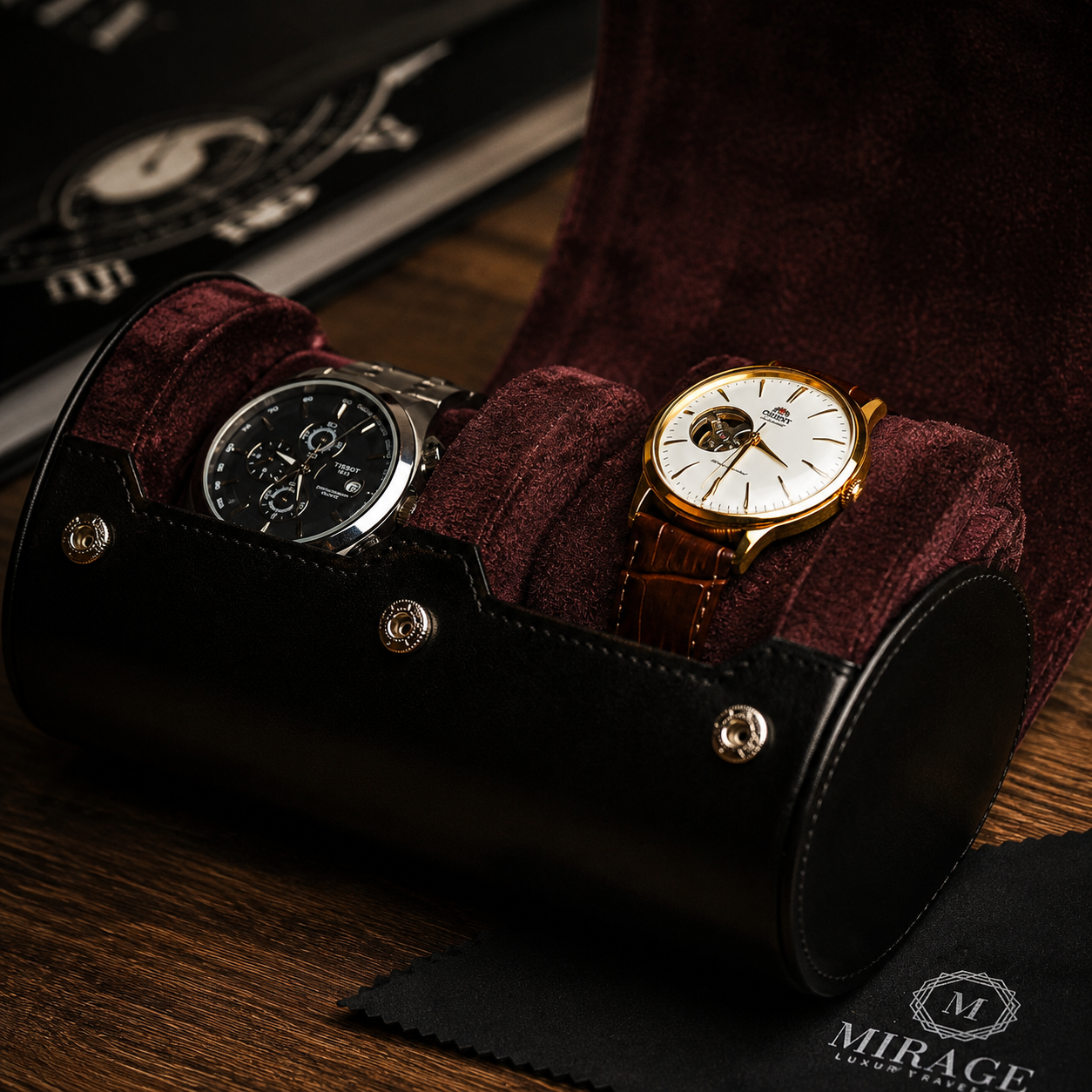 2 Watch Travel Case Vegan Leather Watch Roll (Jade Black)